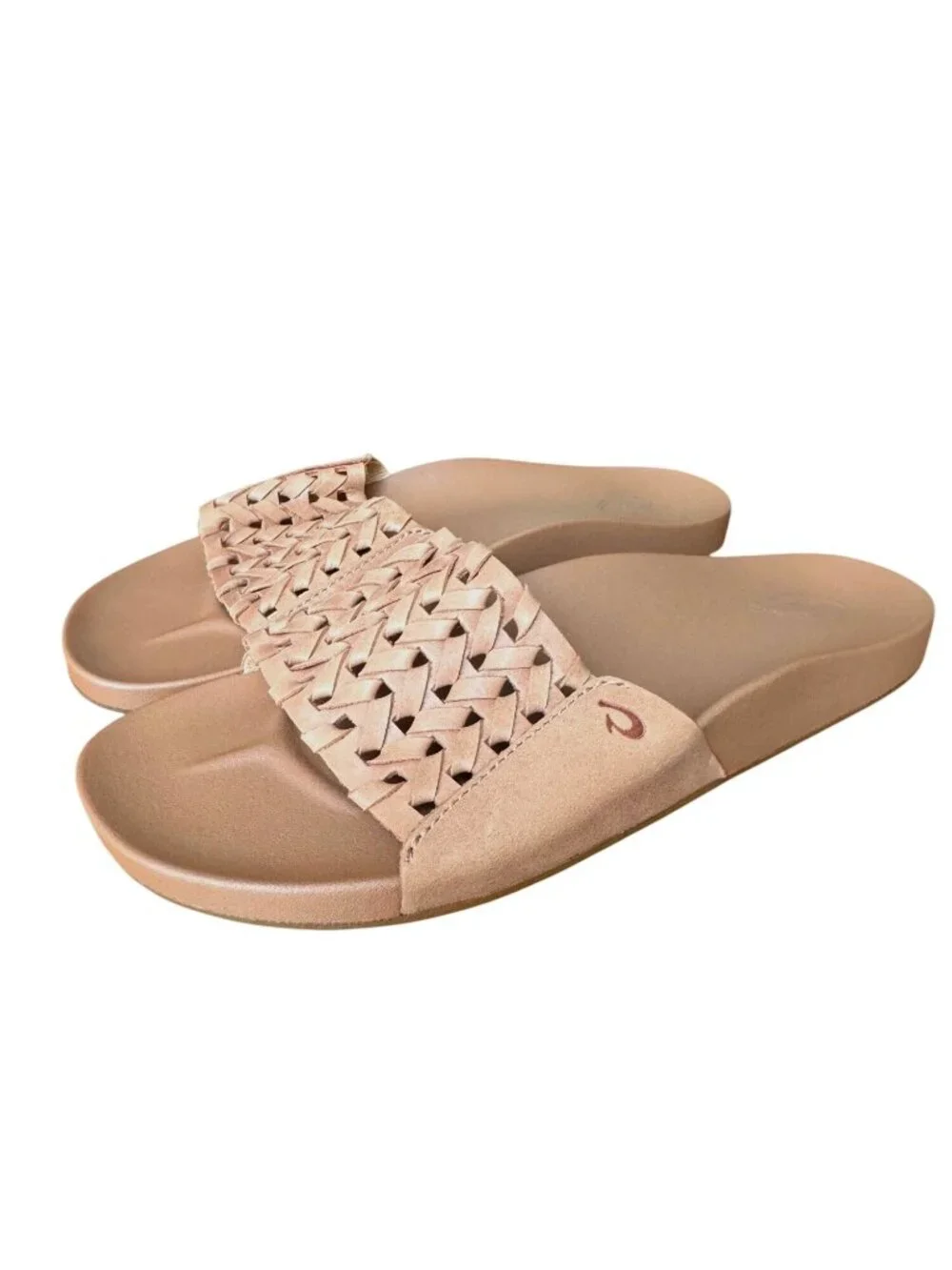 OluKai Kamola Woven Leather Comfort Slide Sandals Tan Women's Size 8